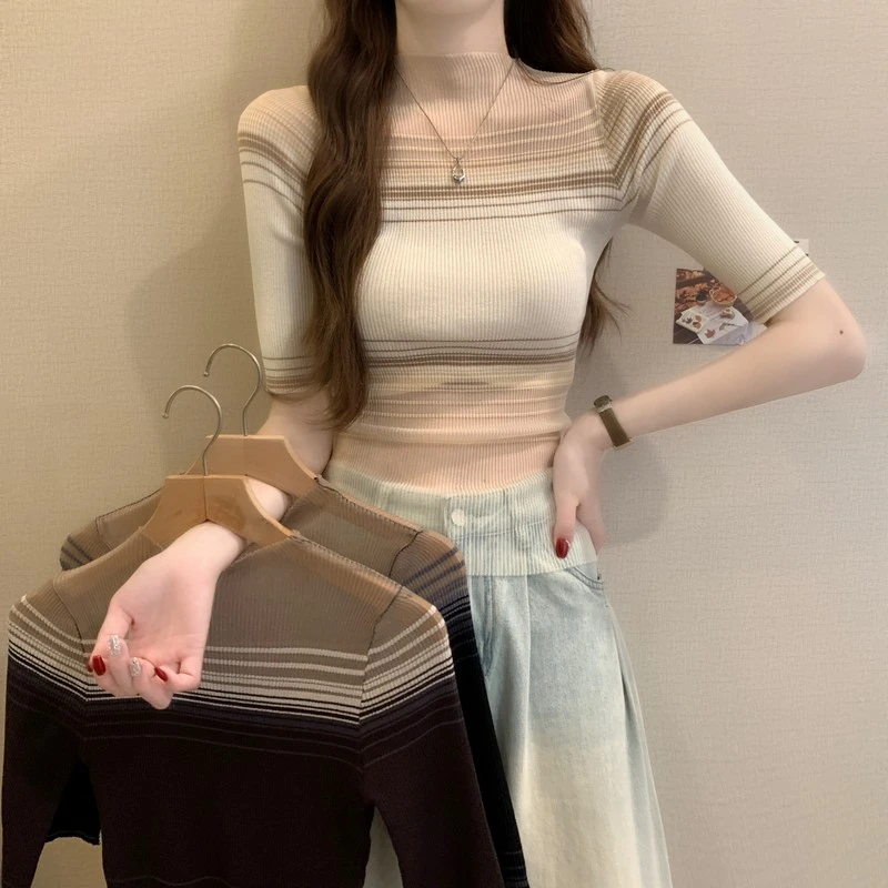 透视网纱渐变条纹半高领针织短袖t恤女夏季修身内搭五分半袖上衣