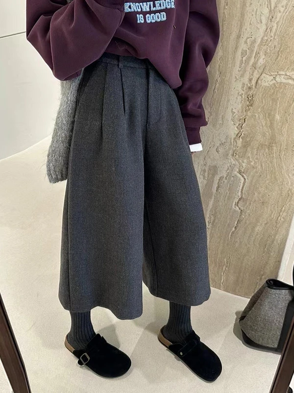 超好看百搭的八分毛呢裤秋冬新款港风奶奶裤高腰显瘦小个子阔腿裤