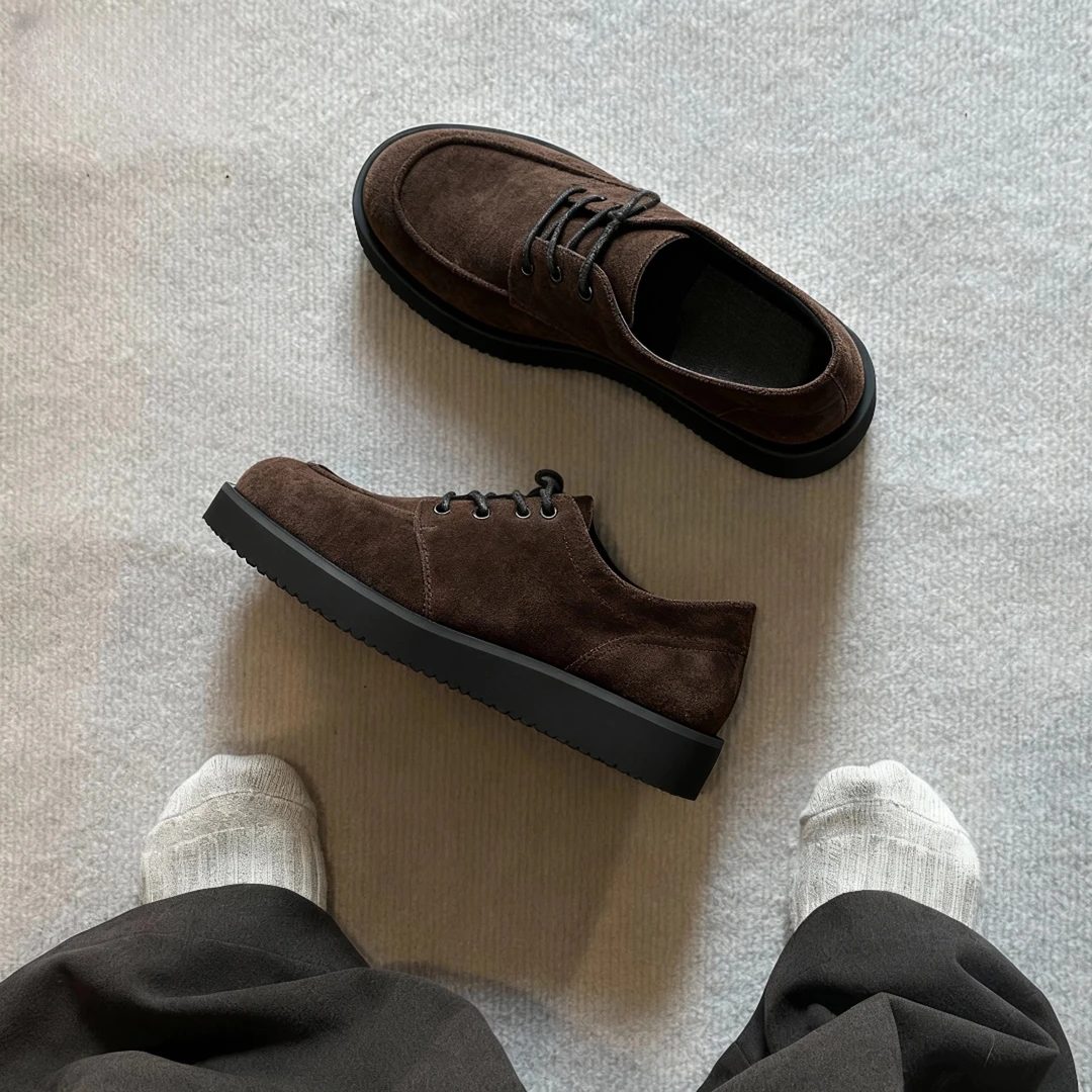 冬季老钱风乐福鞋cleanfit鞋子德比鞋男款增高大头鞋百搭翻毛皮鞋