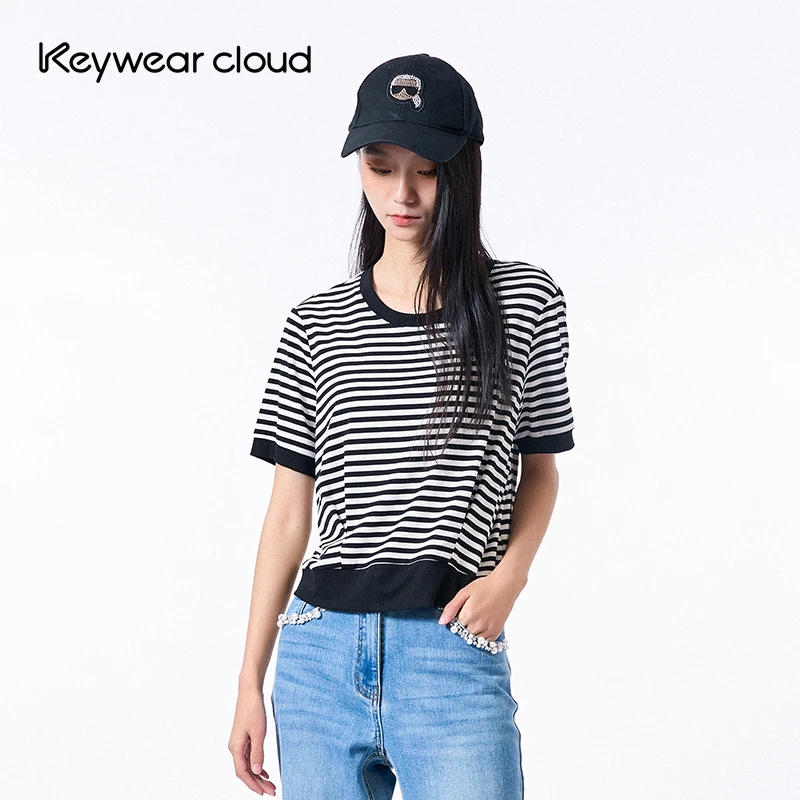 Keywearcloud奇威休闲简约撞色条纹短袖T恤