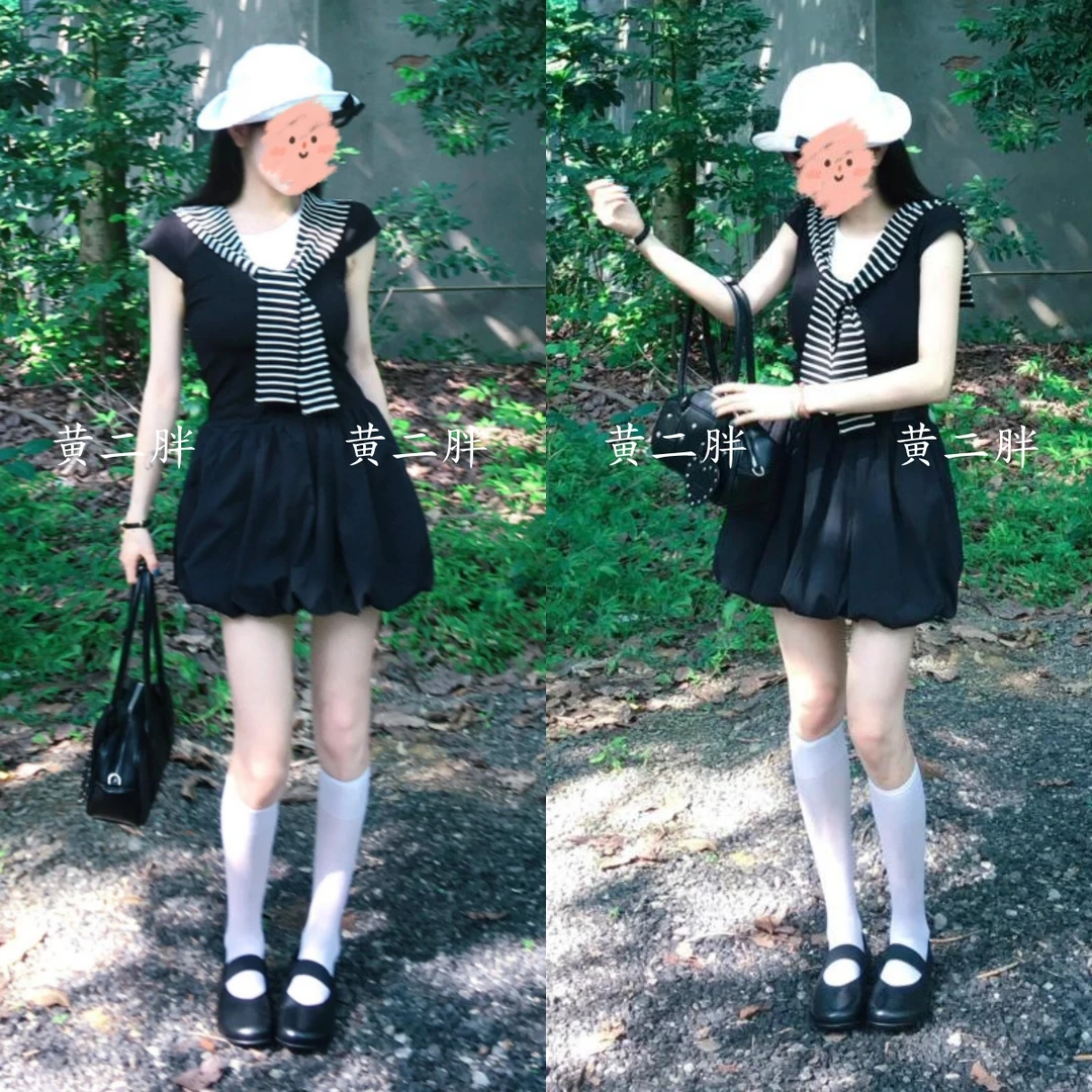 黑色假两件连衣裙子女夏收腰拼接针织配坎肩短袖a字披肩花苞短裙