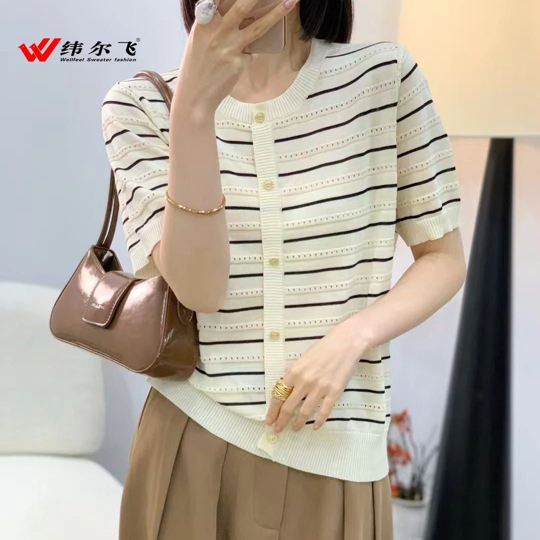 【纬尔飞】套头短袖针织衫2025夏季新款时尚圆领条纹女小香风宽松