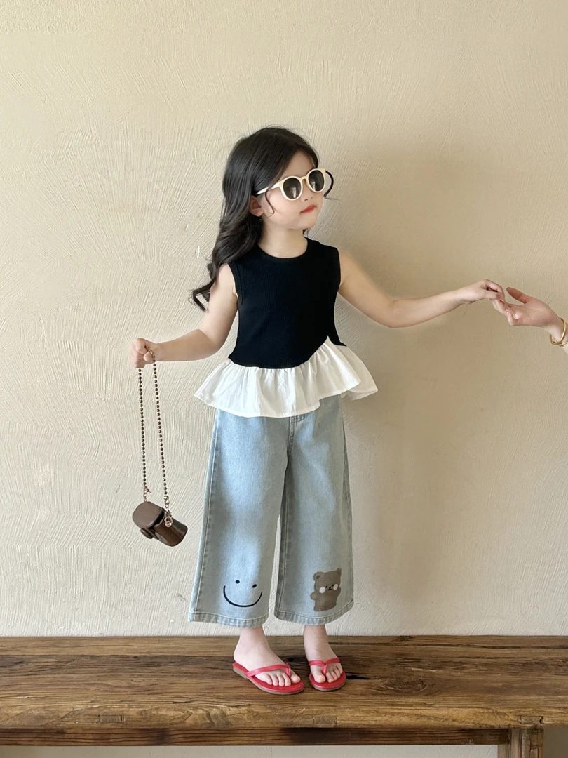 儿童韩版上衣2025夏季新款童装女童洋气无袖白边背心小熊牛仔裤