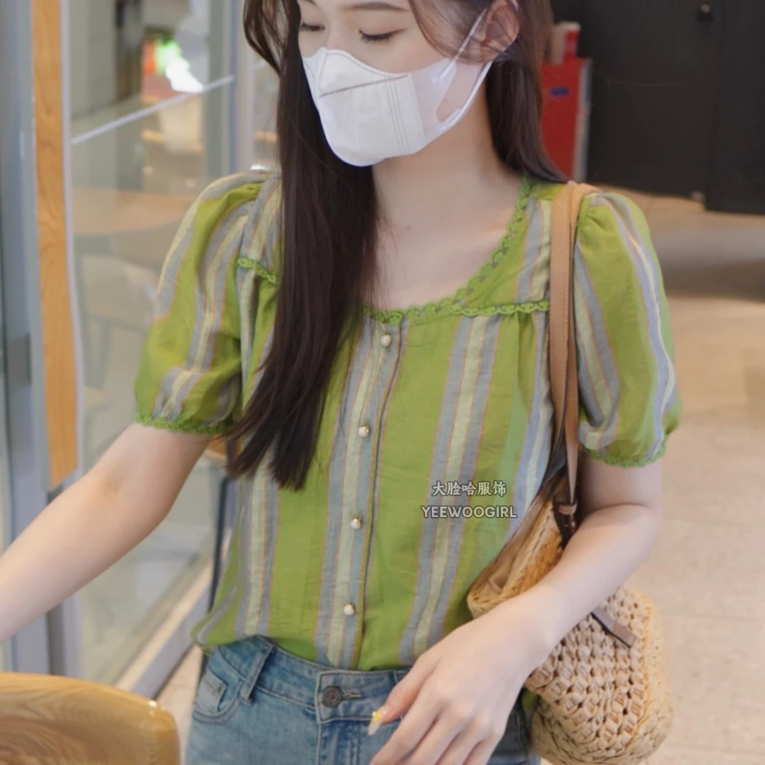 【大脸哈】气质撞色条纹短袖衬衫女2025新款百搭圆领宽松显瘦开衫