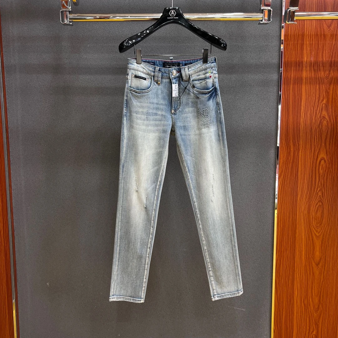 PP正品 奢潮流重工麦穗港风蓝透气修身高弹男士小直筒牛仔裤9983