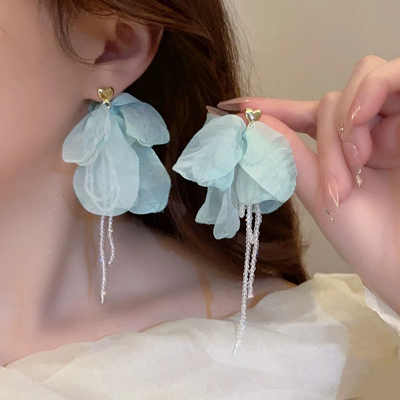铜合金耳饰 薄荷曼波花朵流苏耳环2025新款爆款气质长款春季耳饰