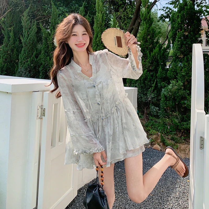 新中式国风禅意水墨印花套装女夏小个子气质薄防晒衬衫短裤两件套