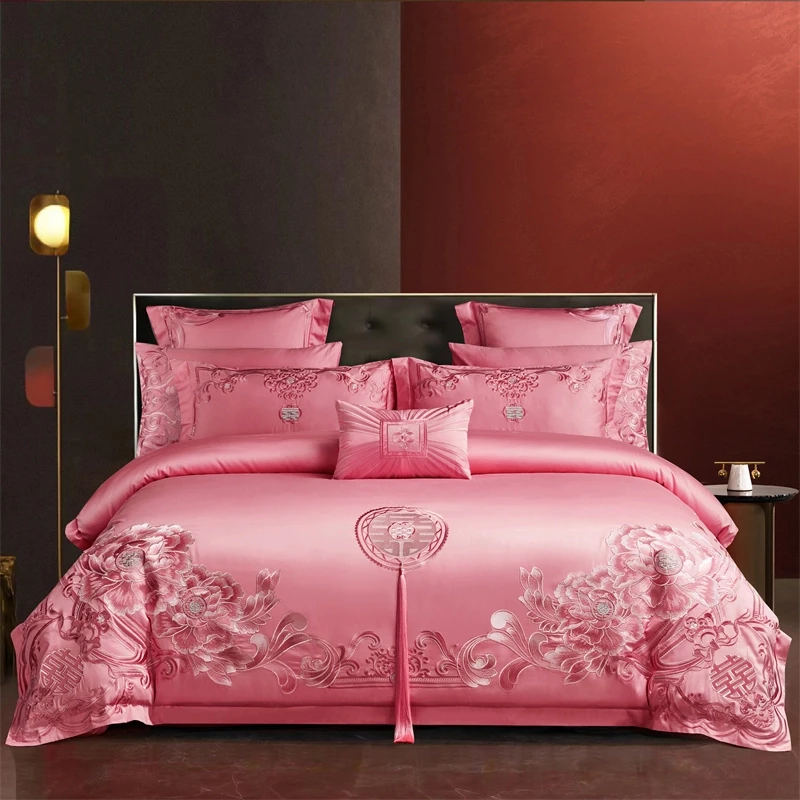 婚庆四件套粉色全棉刺绣新婚纯棉高端款结婚喜庆套件婚嫁床上用品