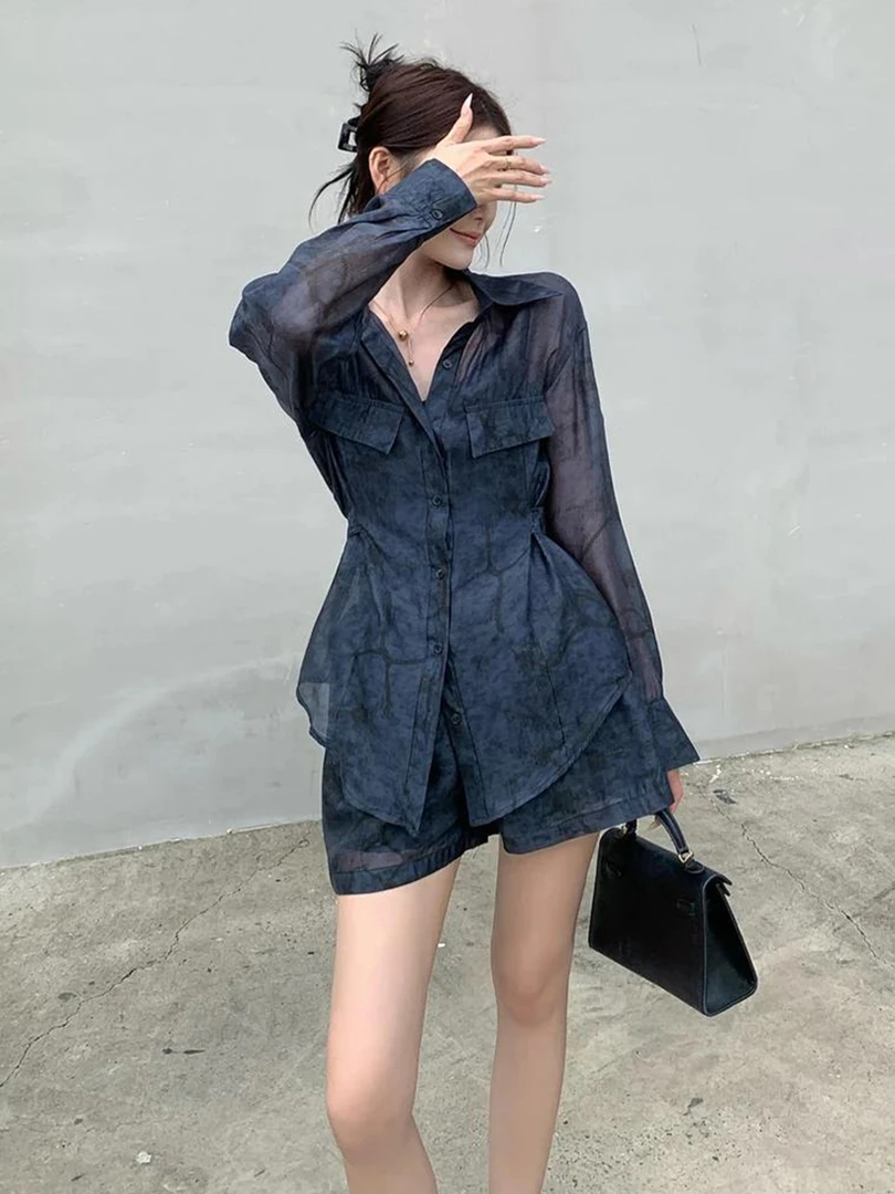 巨好看的夏装一整套贵气感御姐穿搭轻熟小众不撞款蓝色衬衫套装裤