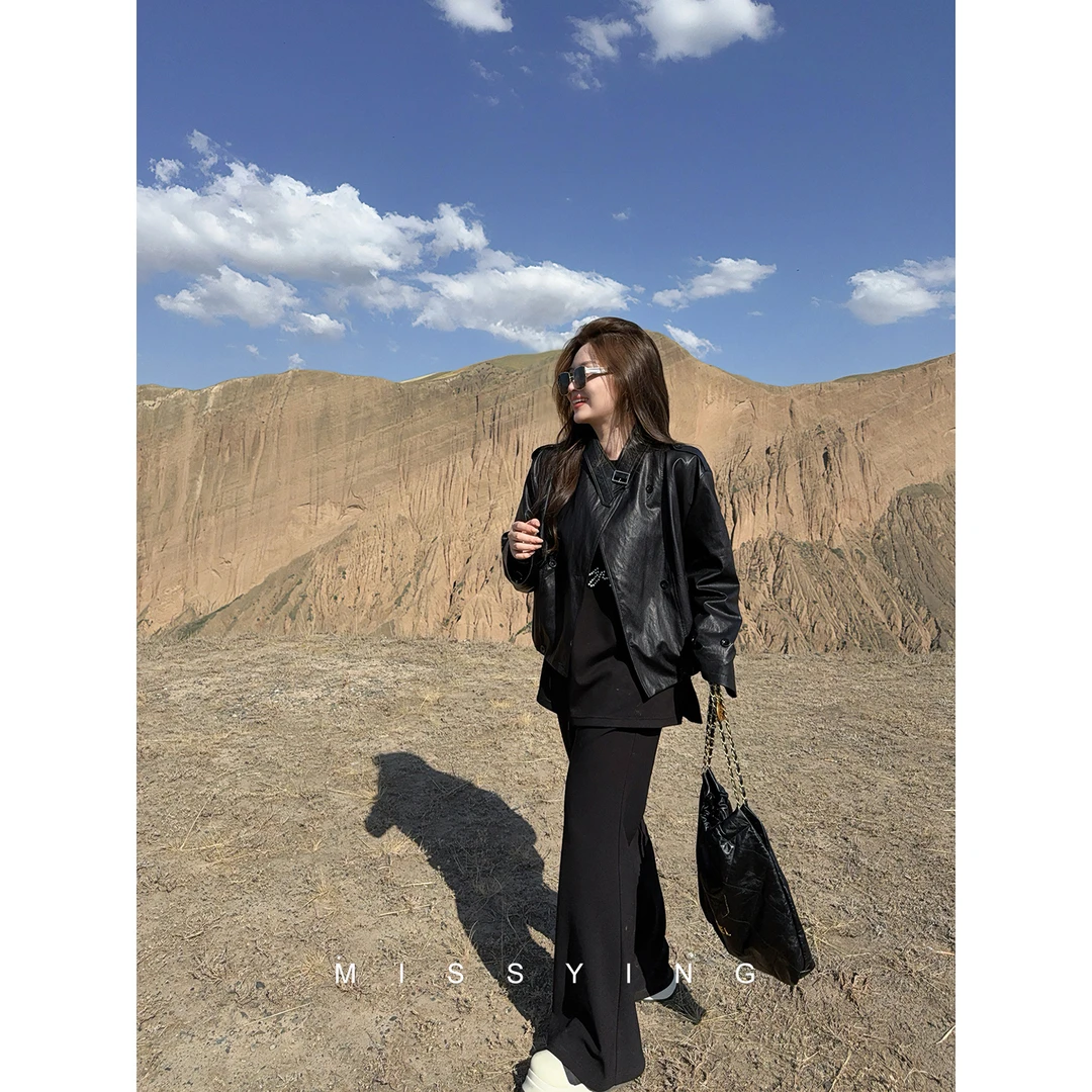 应小姐【爵士俱乐部】微胖大码显瘦时尚设计感小众休闲百搭皮衣外套