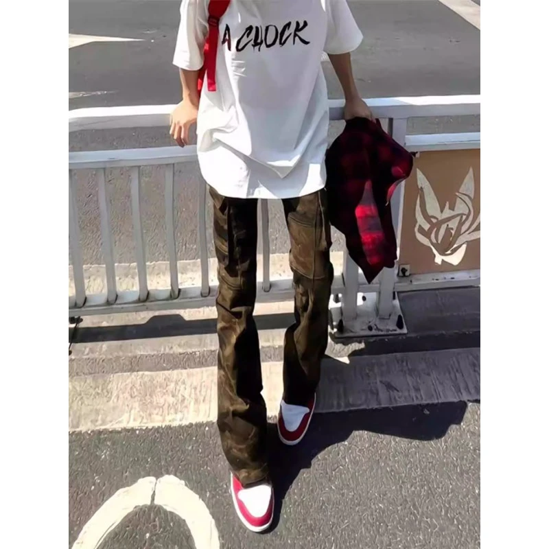 美式高街vibe迷彩裤子男夏季薄款水洗牛仔裤显瘦显腿长微喇工装裤