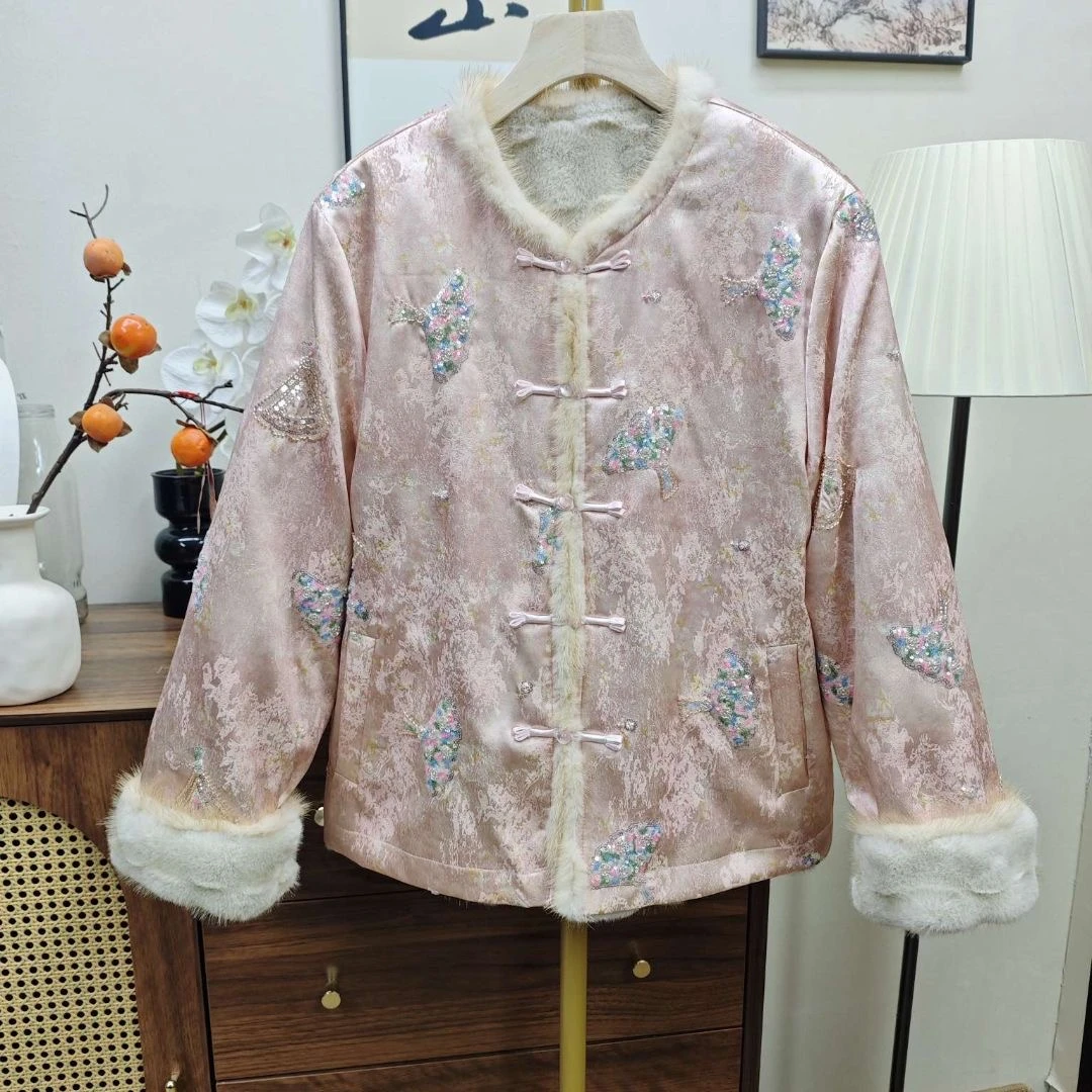 女装直襟加绒加厚款上衣复古66公分棉衣ins圆领冬季双面中国风
