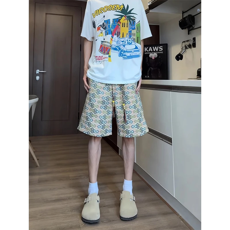 民族风扎染格子短裤男夏季重磅不过膝四分裤子cleanfit泰国沙滩裤