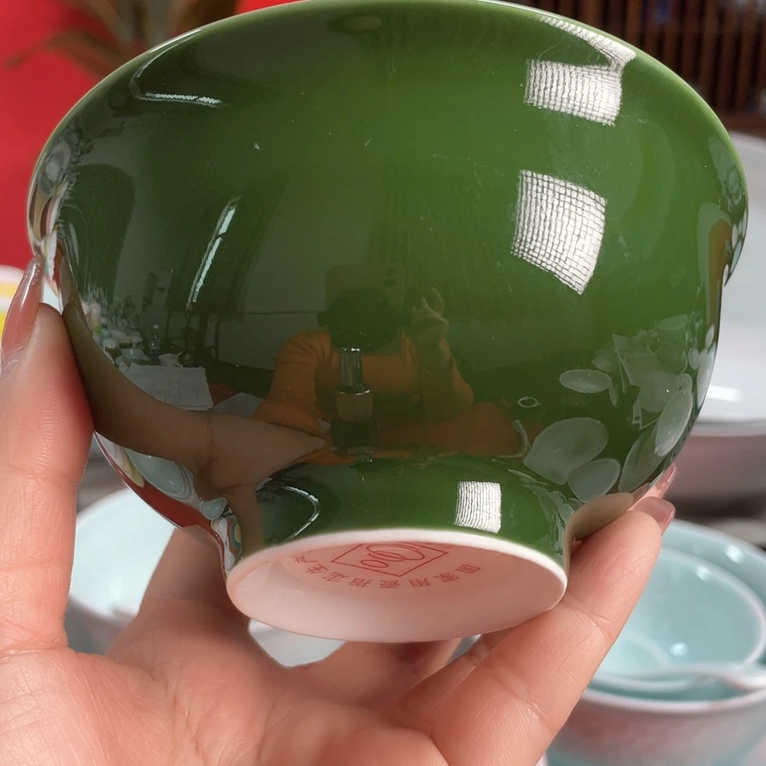 两只军绿釉4.75英寸饭碗