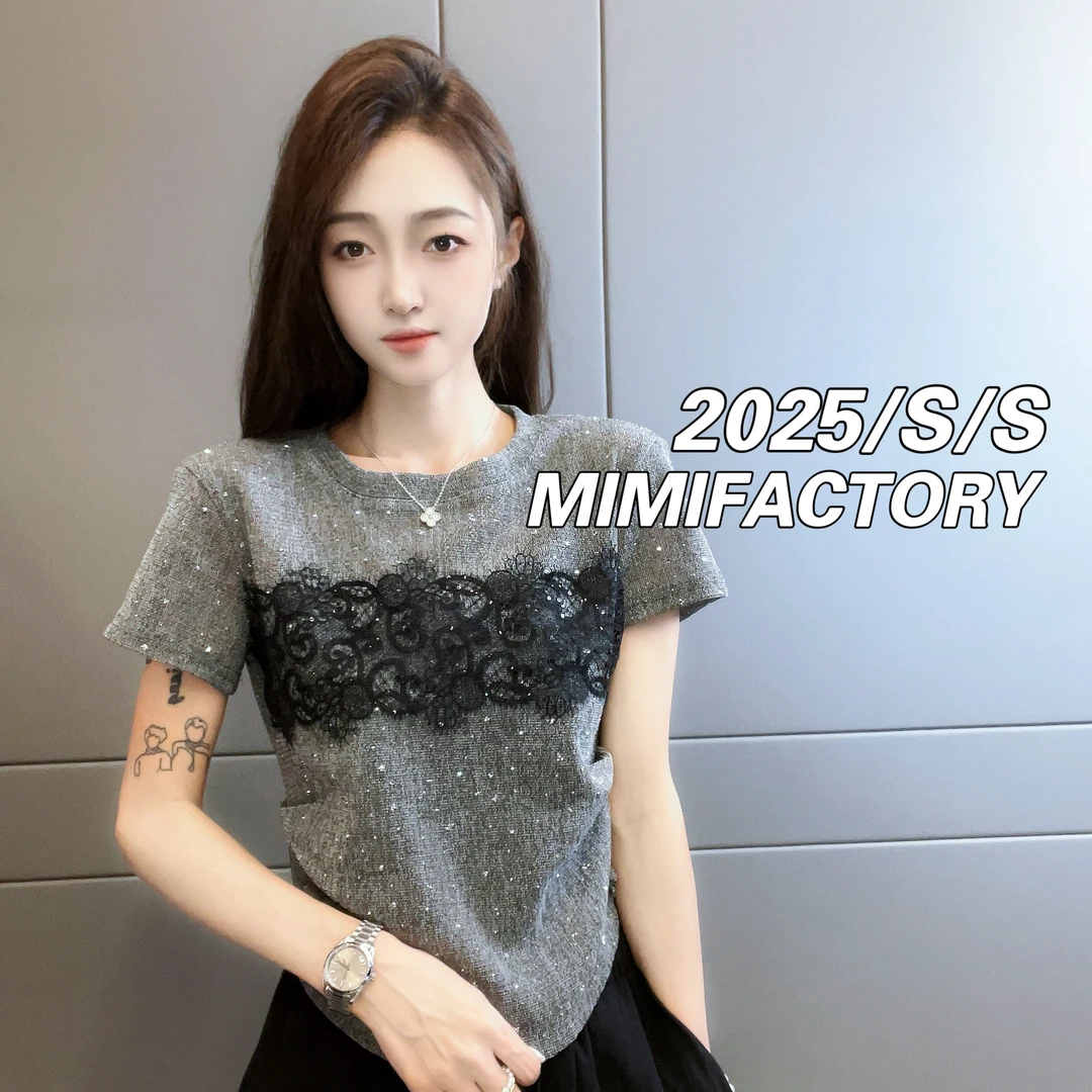 2025夏季新款 蕾丝拼接高级感短袖T恤女气质百搭显瘦上衣087#