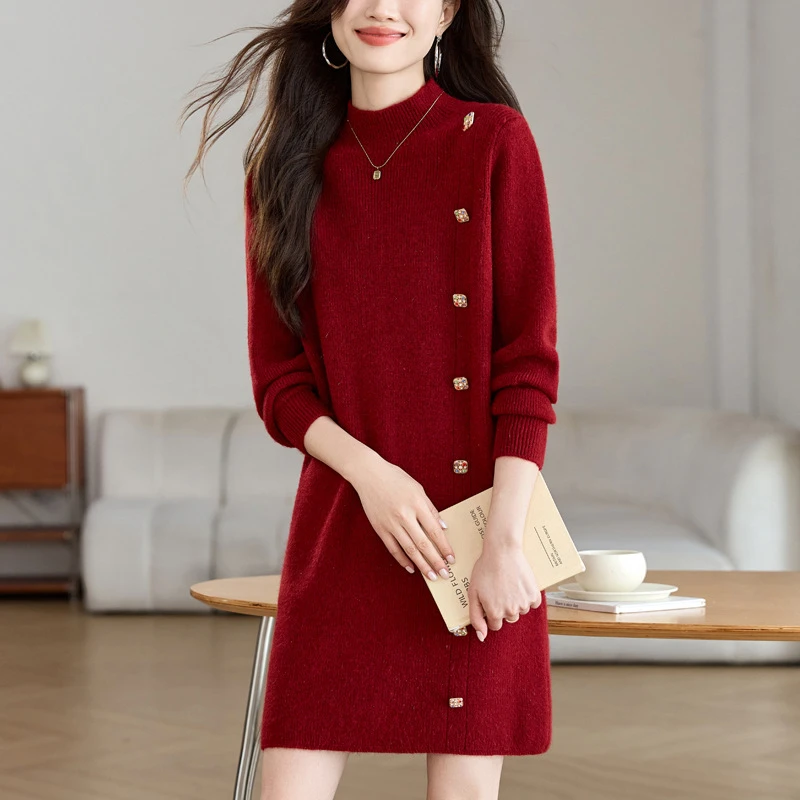 YE#厚款毛衣裙女新款时尚半高领针织中长款打底DY11472