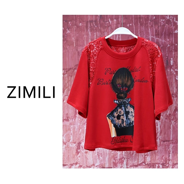 【亮哥女装】欧货小众胭脂红拼接蕾丝圆领短袖短袖衫9522