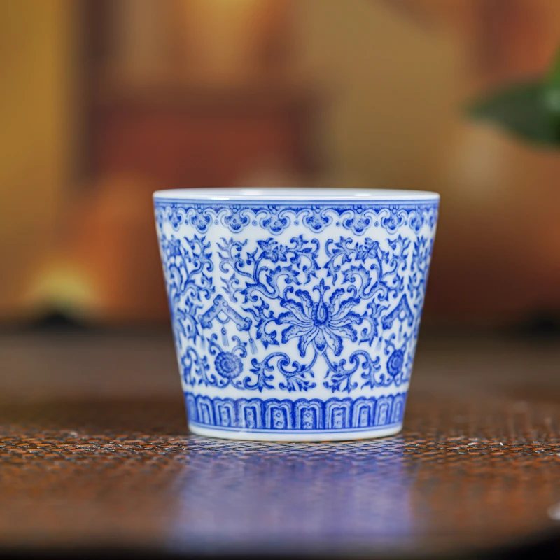 【墨舍名窑】司陶坊青花柴窑点工缠枝直口杯stf92景德镇陶瓷茶杯