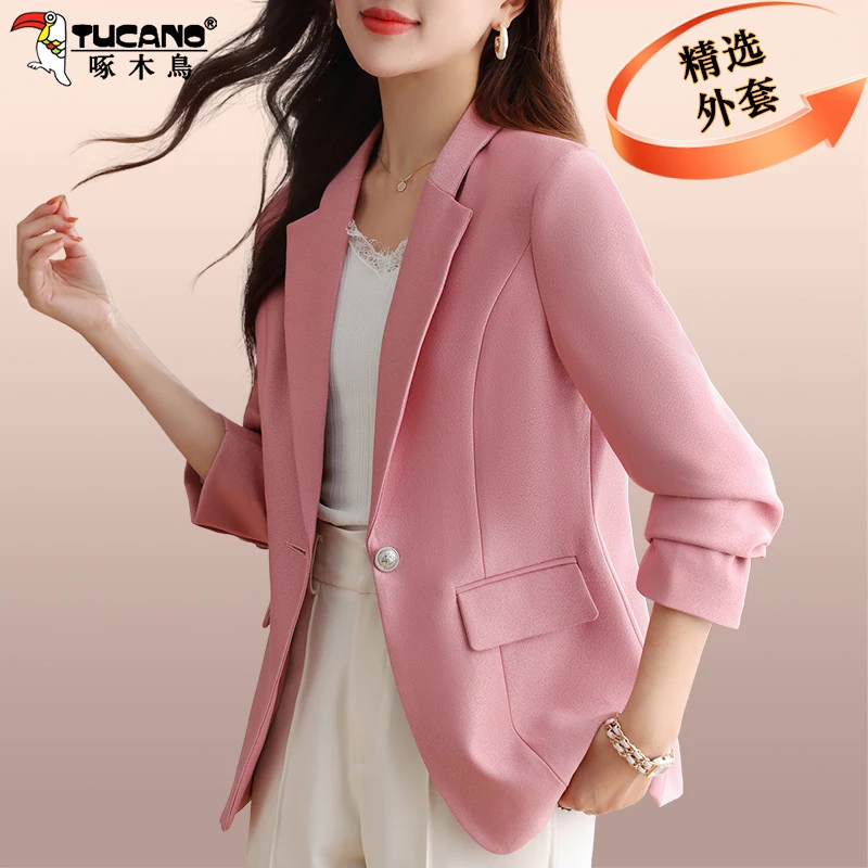 啄木鸟洋气短款小西服女春秋新款时尚减龄西装外套小个子女士上衣