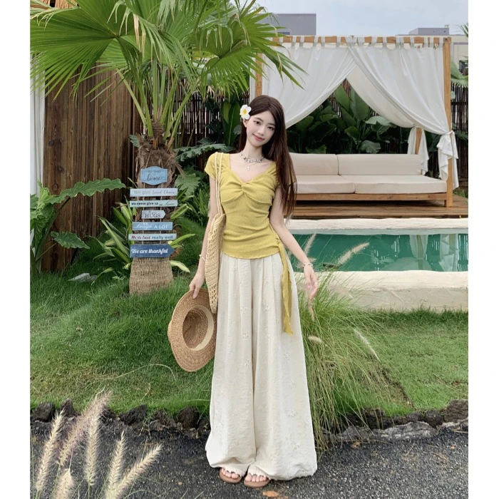 法式扭结v领弹力针织T恤女夏季黄色飘带修身上衣提花阔腿裤两件套