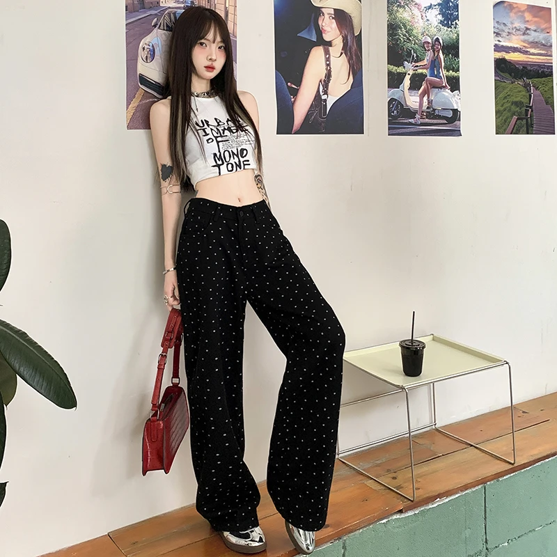 2025春季好货波点小碎花黑白色牛仔直筒裤显瘦宽松阔腿牛仔裤