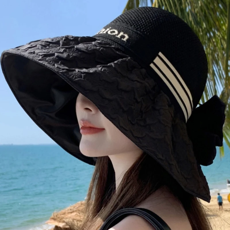 2025新款夏季遮脸遮阳帽黑胶字母大帽檐防晒帽女可扎马尾太阳帽子
