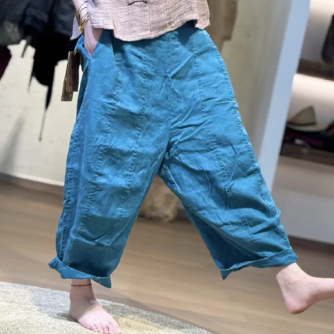 忆古朴拙250441亚麻通勤裤阔腿休闲夏季松紧腰宽松长裤裤子上衣