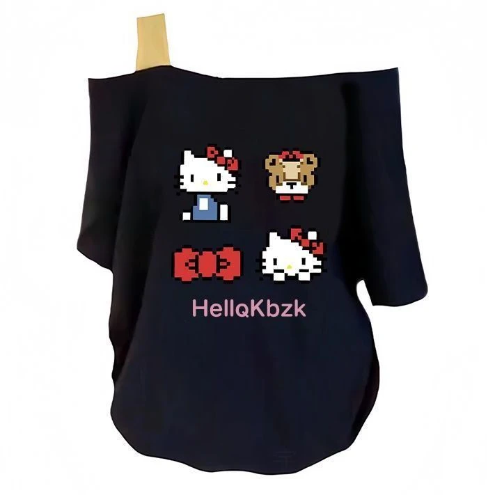 夏季爆款美式甜妹印花斜肩短袖T恤女设计感独特女生韩系ins衣服