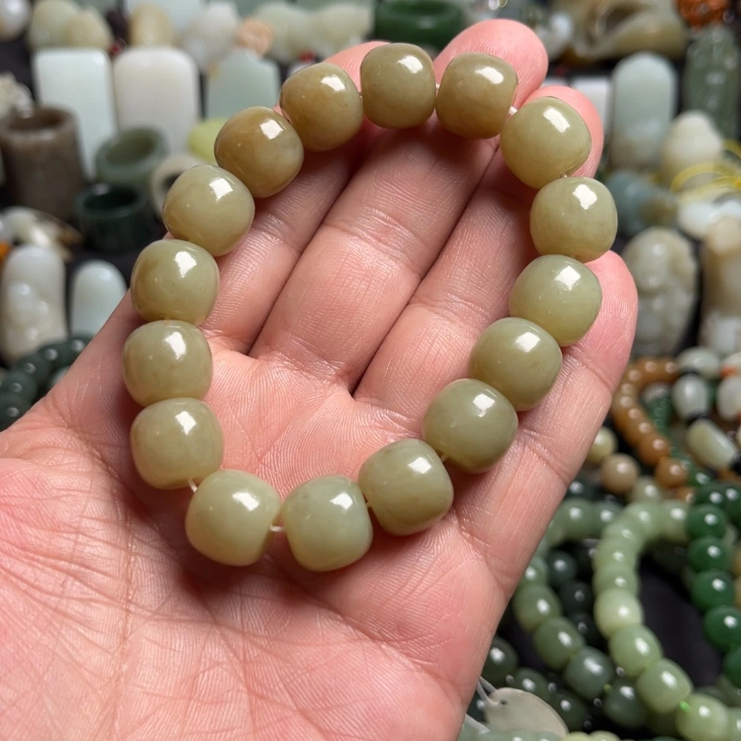 和田玉（青白玉）未镶嵌套链和田玉糖玉卡14手串