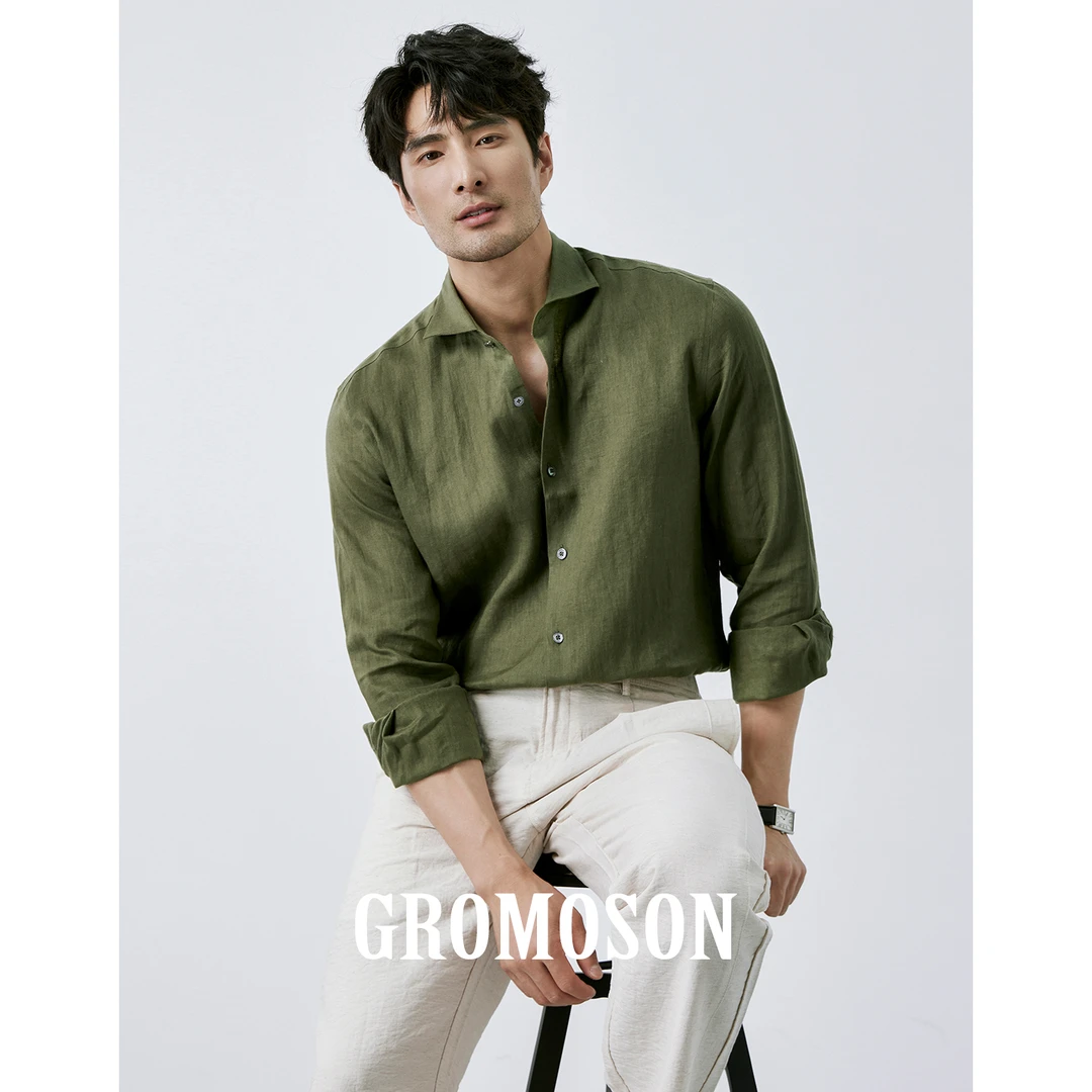 老钱商务绅士 高档雨露麻透气长袖衬衫男士休闲温莎领纯亚麻衬衣