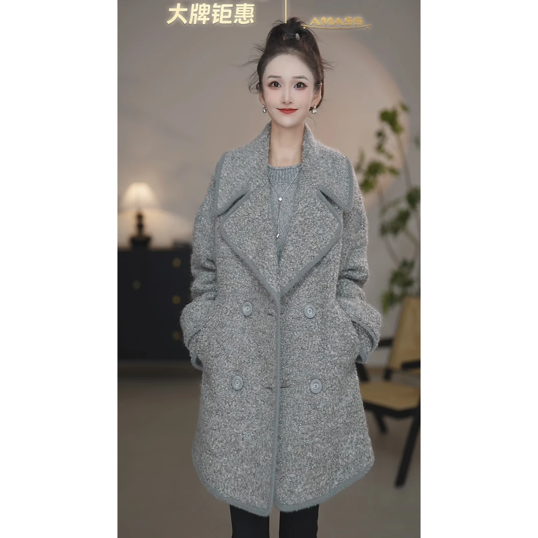 阿玛施【官方正品】冬季新款时尚时尚双排扣廓形毛呢外套5400842