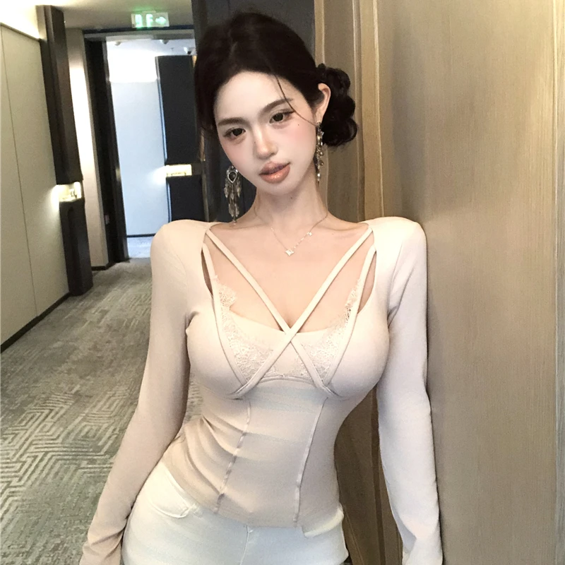 【甜心女孩】少女风纯欲辣妹性感长袖t恤甜美蕾丝打底衫内搭上衣女