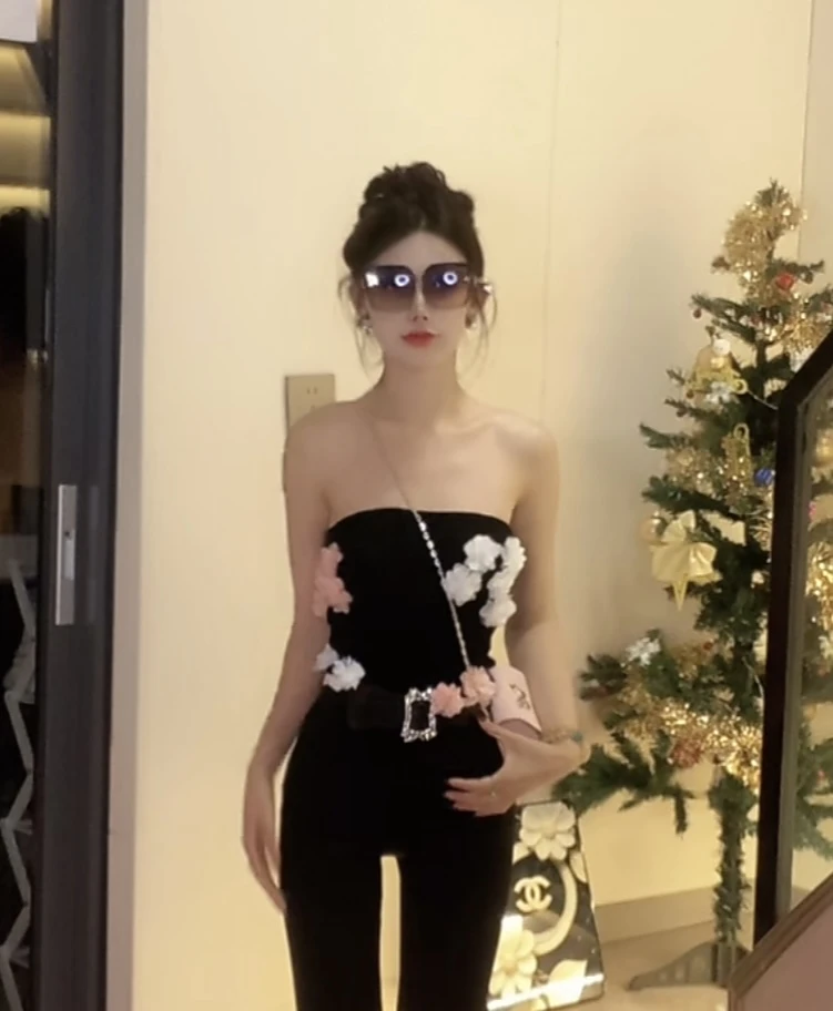 ENXi2025新款爆款显瘦时尚带花纯欲一字肩不规则长袖T恤上衣