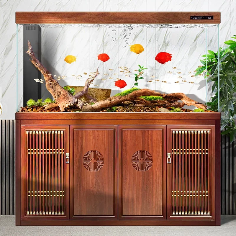 新中式底滤超白玻璃鱼缸适合家庭大厅办公室落地中大型鱼缸