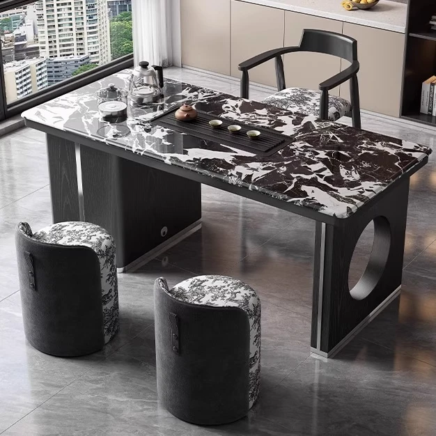 意式极简黑宝格丽奢石茶桌椅组合客厅家用高端茶台小户型阳台茶几
