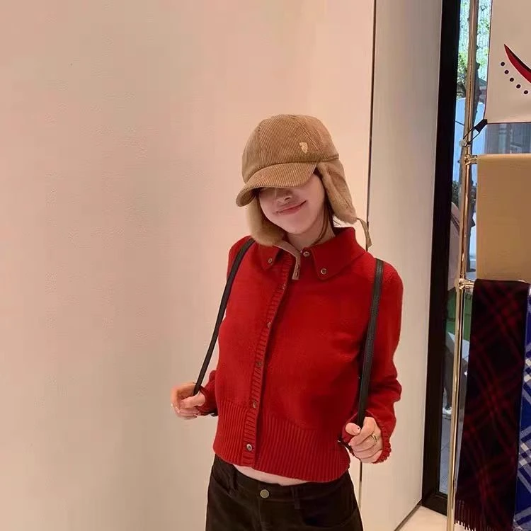 复古软糯风翻领针织开衫女长袖外穿毛衣外套秋冬季设计感套头上衣