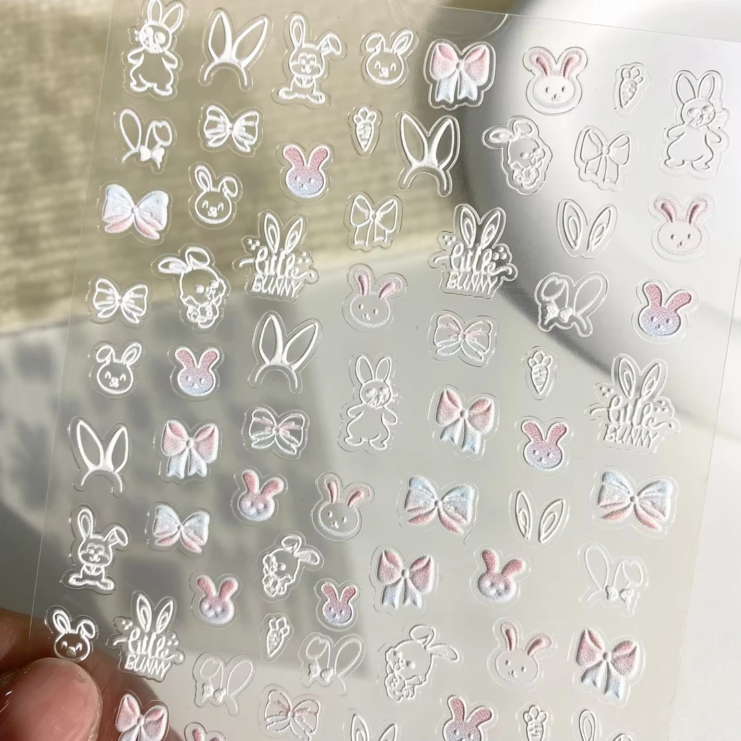 可爱粉色小兔子蝴蝶结立体浮雕美甲贴纸水杯ccd手机壳diy指甲贴