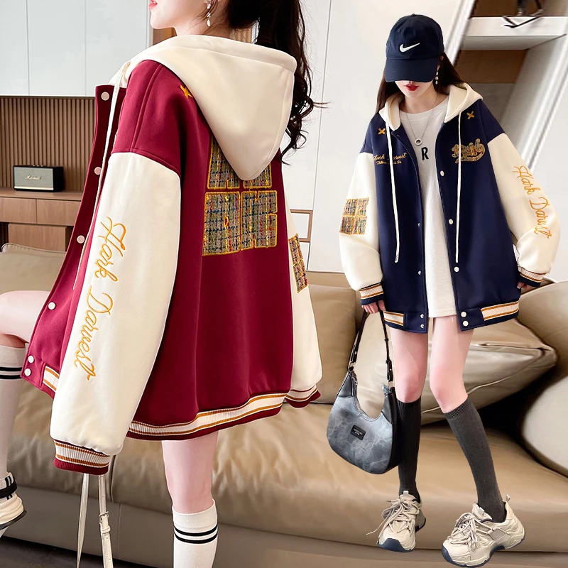 美式复古拼色棒球服外套女春季新款初高中生大童青少年休闲夹克潮