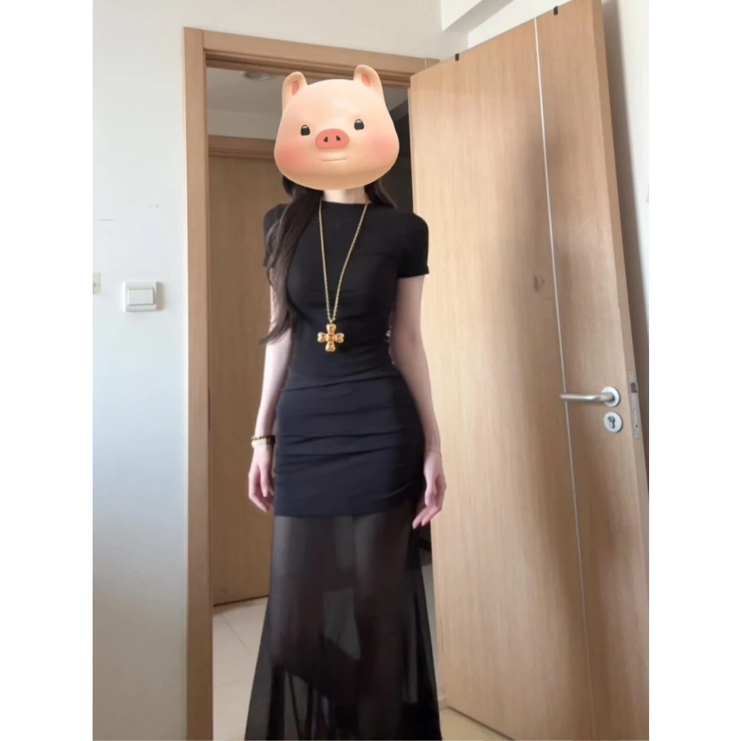 MARIE.COCO修身短袖上衣女网纱拼接褶皱设计性感包臀半身裙两件套