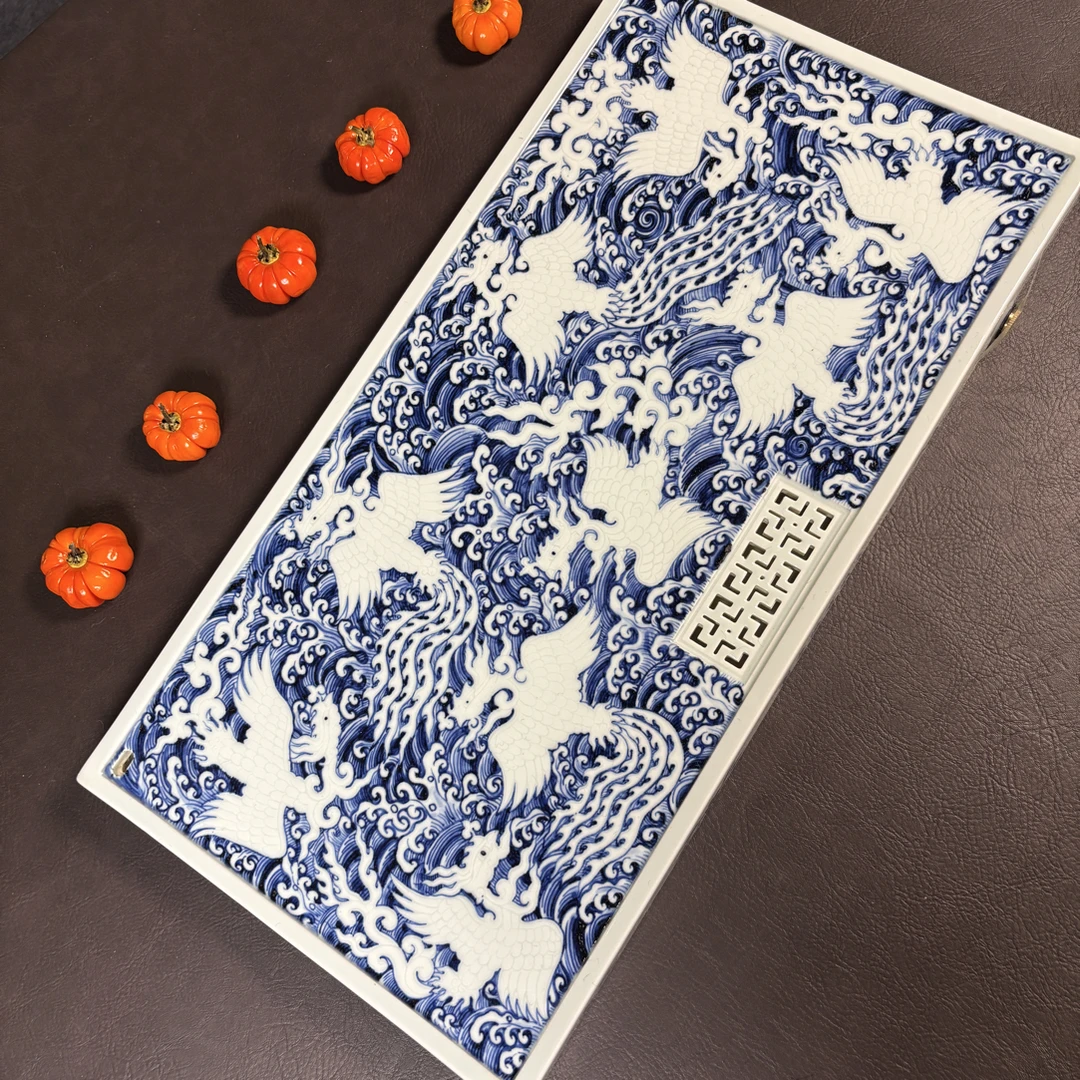 景德镇陶瓷 全手工手绘 青花暗刻凤纹干湿两用双层泡台