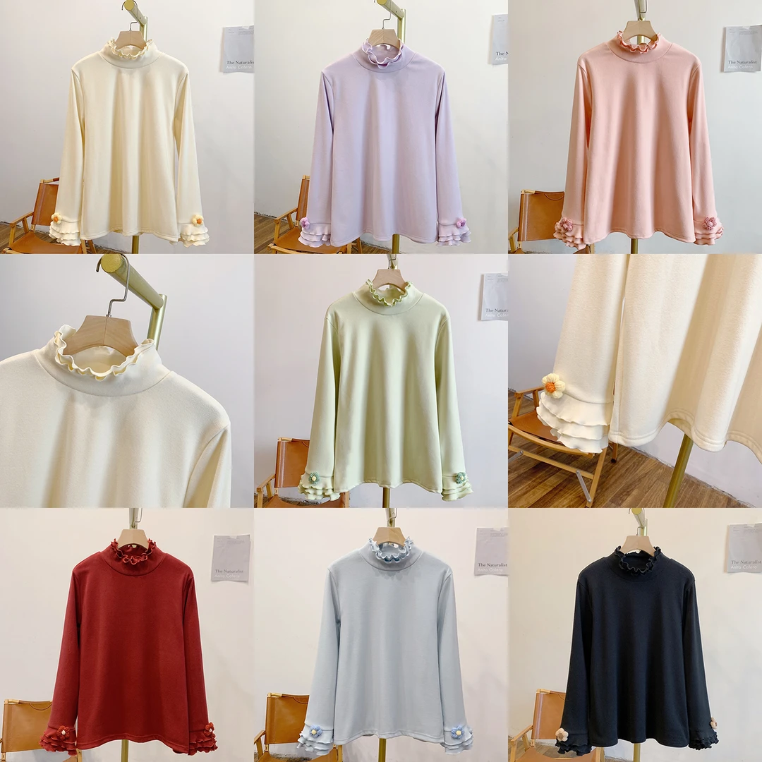 花朵打底C5349磨毛德绒小花双层木耳边立领长袖T恤