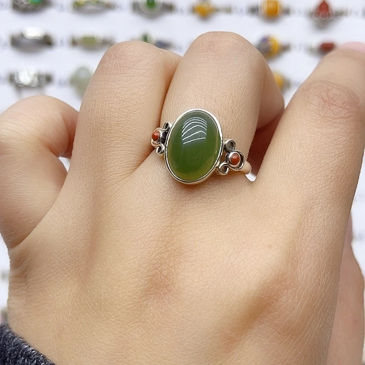 和田玉戒指银S925镶嵌天然