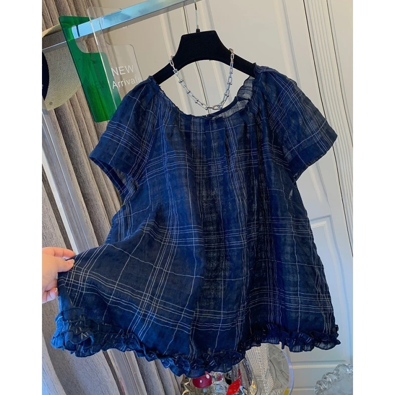 独特超好看法式花边格子短袖衬衫娃娃衫宽松显瘦上衣女2025夏新款