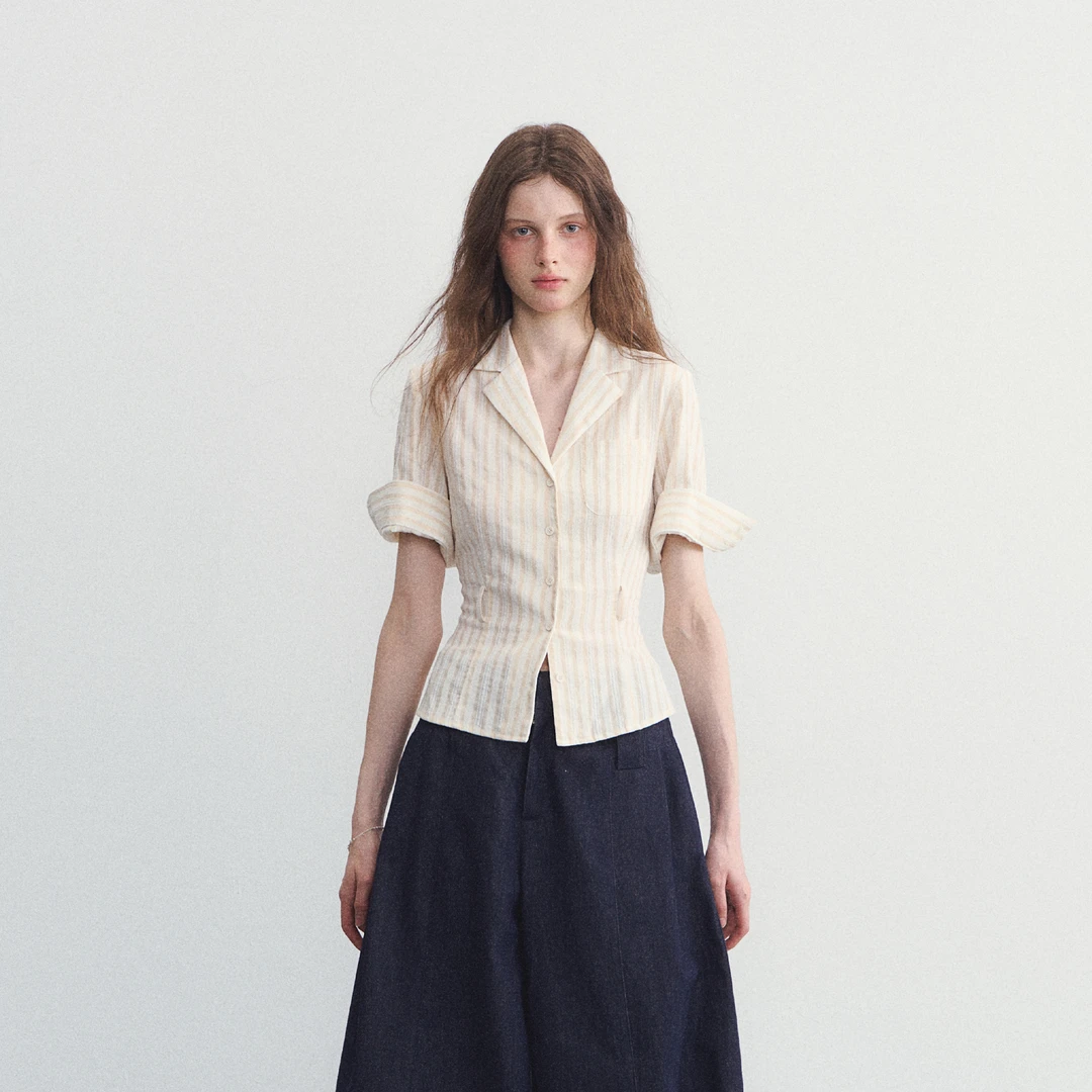 SPEAR YOUTH“菊次郎的夏天”原创西装领条纹短袖t恤衬衫收腰上衣