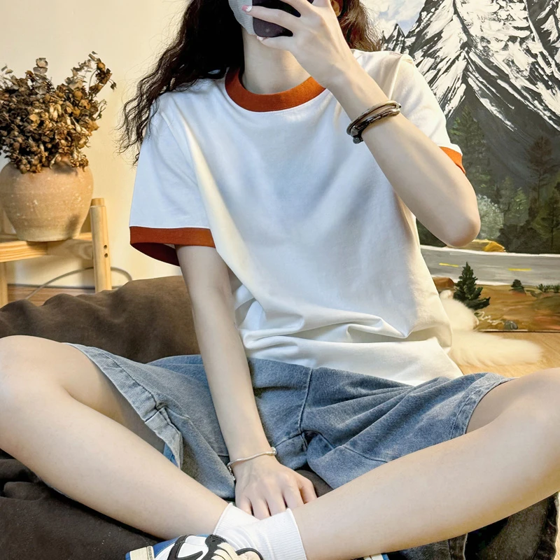 撞色拼接白色正肩纯棉短袖t恤女夏新宽松体恤独特上衣超好看减龄