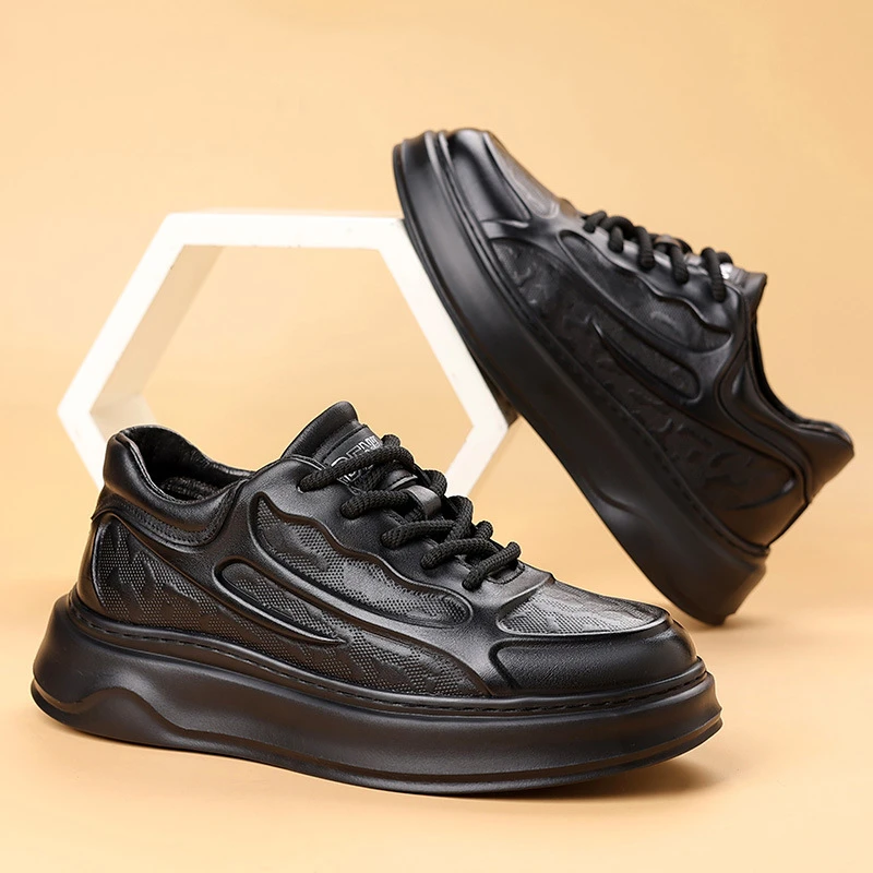 头层牛皮黑色时尚百搭真皮男士防滑厚底老爹鞋潮流休闲鞋潮鞋板鞋