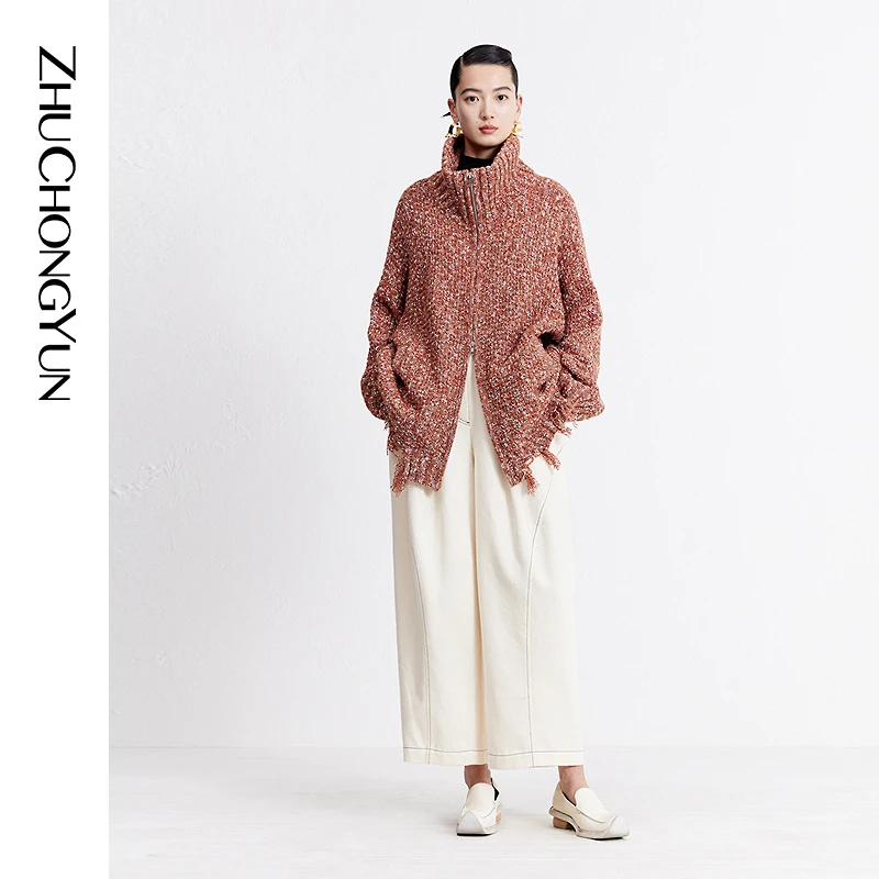 ZHUCHONGYUN2023秋新款设计感高领羊毛针织外套C1DE3742M