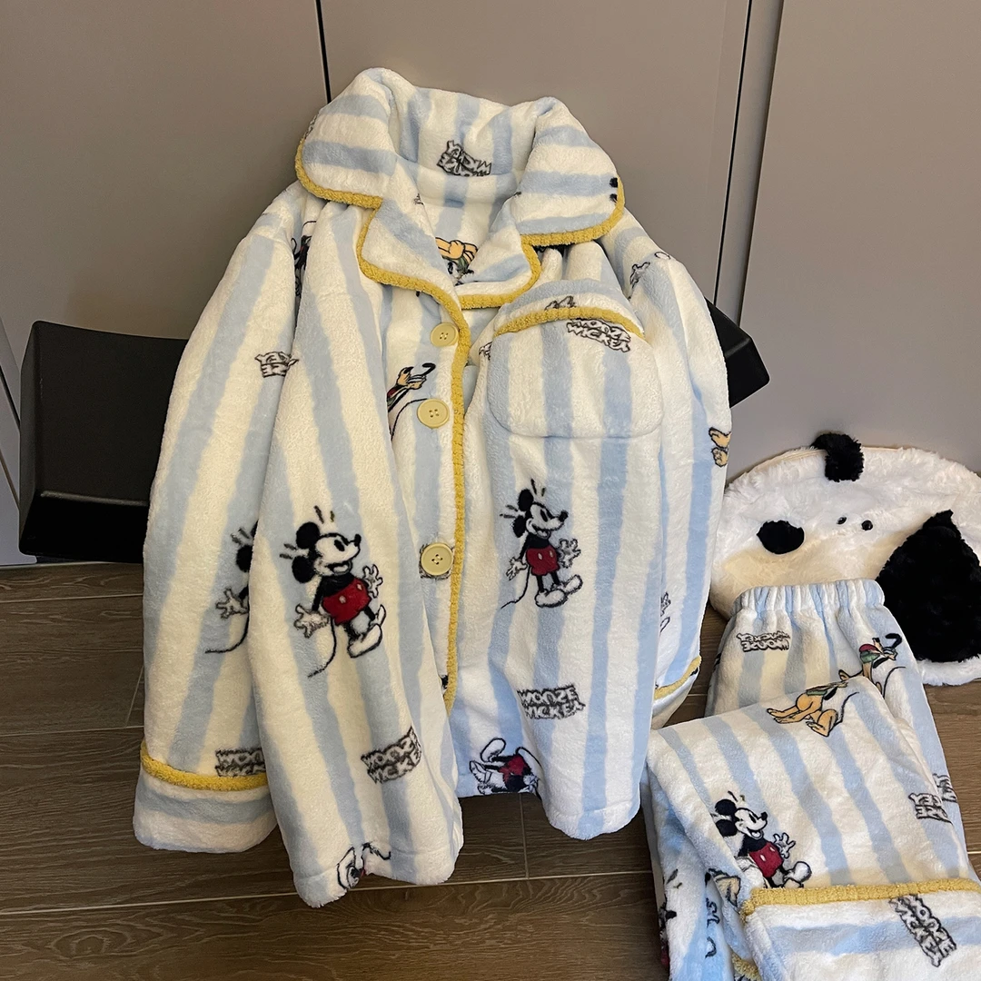 可爱米奇睡衣女生冬季法兰绒新款加绒加厚珊瑚绒家居服可外穿套装