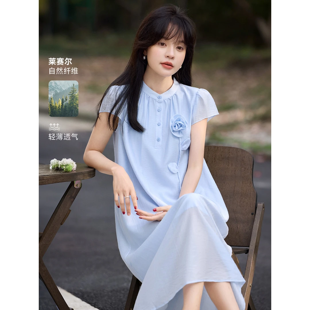 沫晗依美海岛度假风莱赛尔长裙女2025夏立体装饰花朵小飞袖连衣裙