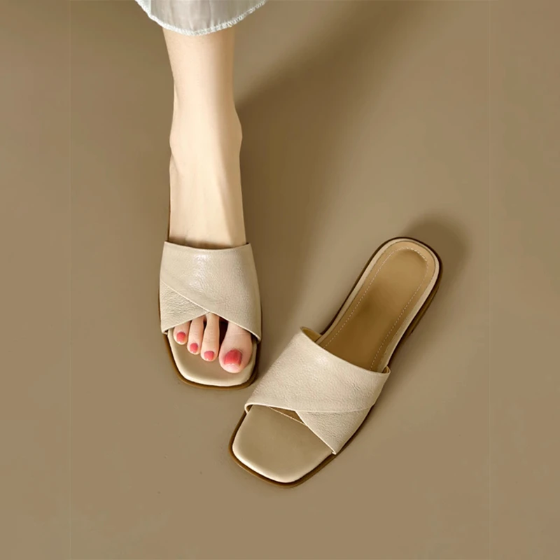 羊皮断码清仓方头露趾一字拖鞋女平底夏季外穿2025款真皮软底凉拖
